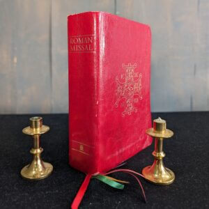 Small Leatherette Roman Missal Study Missal from Deal Convent plus Two Tiny Candlesticks