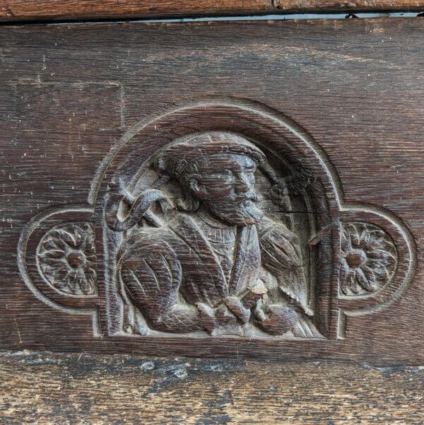 Very Early 16th /17th Century Carved Oak Church Pew From The Private Chapel of Brede Place, Sussex.