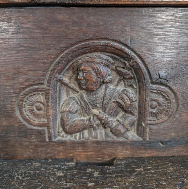 Very Early 16th /17th Century Carved Oak Church Pew From The Private Chapel of Brede Place, Sussex.