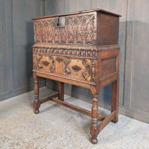 19th Century Gothic Oak Carved Bible Box and Drawer on Stand from Brede Place Chapel Sussex