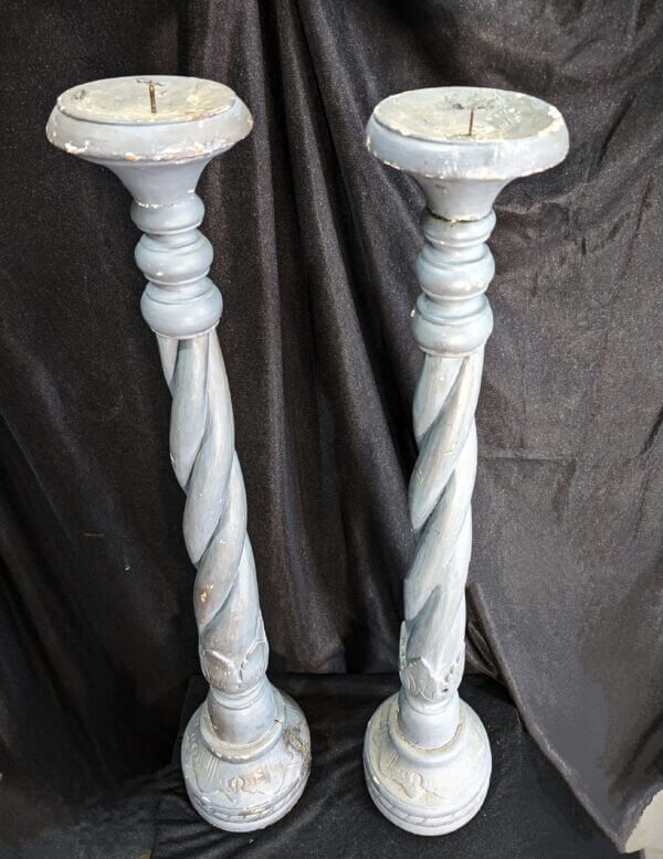 Carved Painted Antique French Large Church Pricket Candlesticks