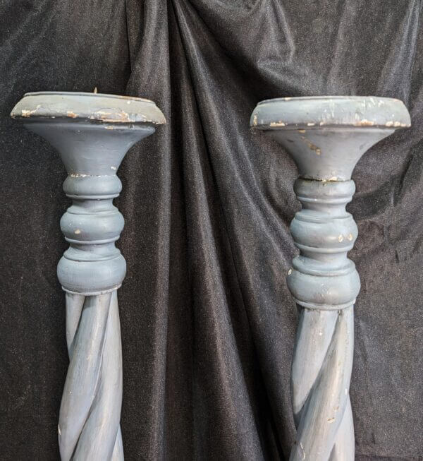 Carved Painted Antique French Large Church Pricket Candlesticks