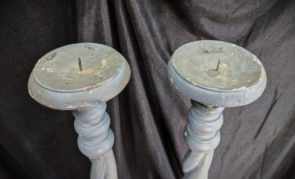 Carved Painted Antique French Large Church Pricket Candlesticks