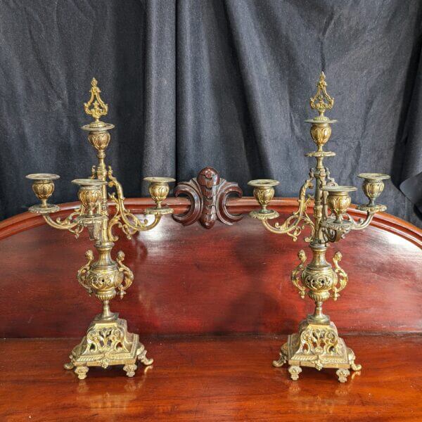 Pair of Heavy Ornate Victorian Gilt Brass Candelabra