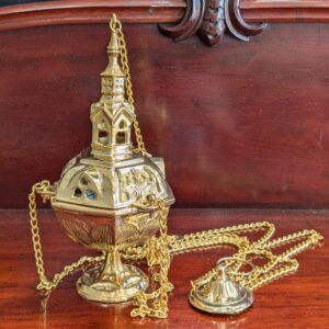 Heavy Old English Style Solid Brass Thurible Censer Incense Burner with Steeple