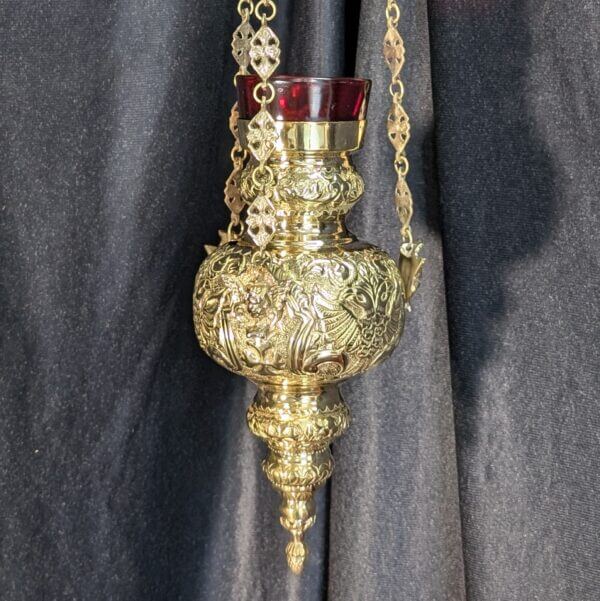 Eastern Baroque Brass Sanctuary Lamp with Angel Chain Supports & Double Headed Eagles