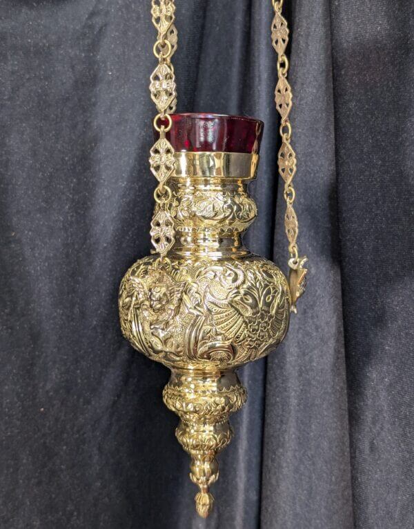 Eastern Baroque Brass Sanctuary Lamp with Angel Chain Supports & Double Headed Eagles