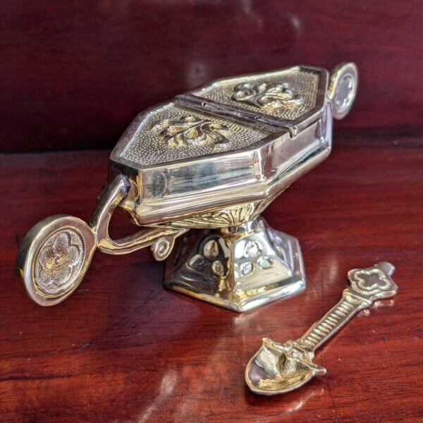 Heavy Brass Foliate Patterned Incense Boat and Spoon