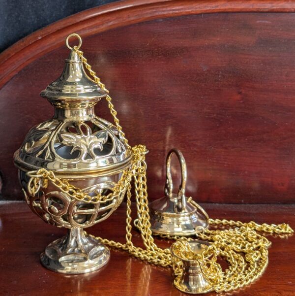 Delicate Filigree Cutaway Polished Brass Thurible Censer Incense Burner