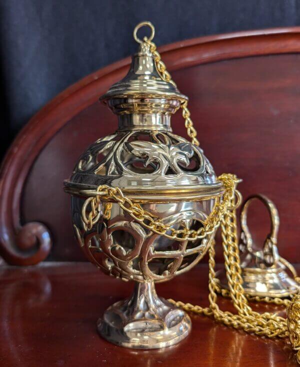 Delicate Filigree Cutaway Polished Brass Thurible Censer Incense Burner