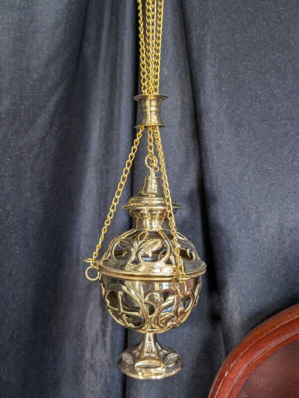 Delicate Filigree Cutaway Polished Brass Thurible Censer Incense Burner