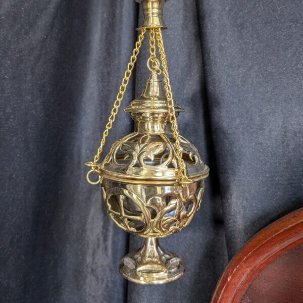 Delicate Filigree Cutaway Polished Brass Thurible Censer Incense Burner