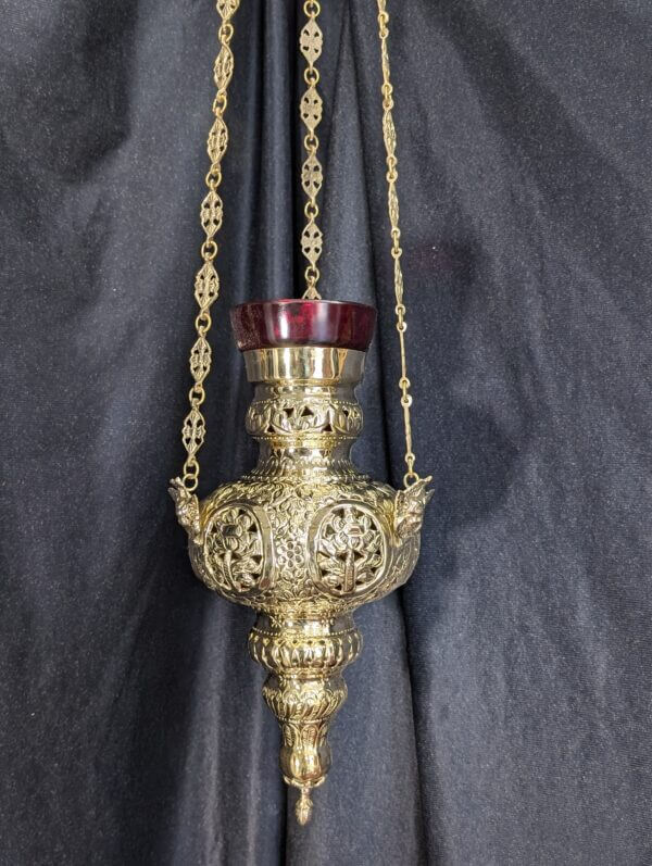 Hanging Orthodox Sanctuary Vigil Lamp with Ryasna Patterned Chains & Ruby Glass Holder