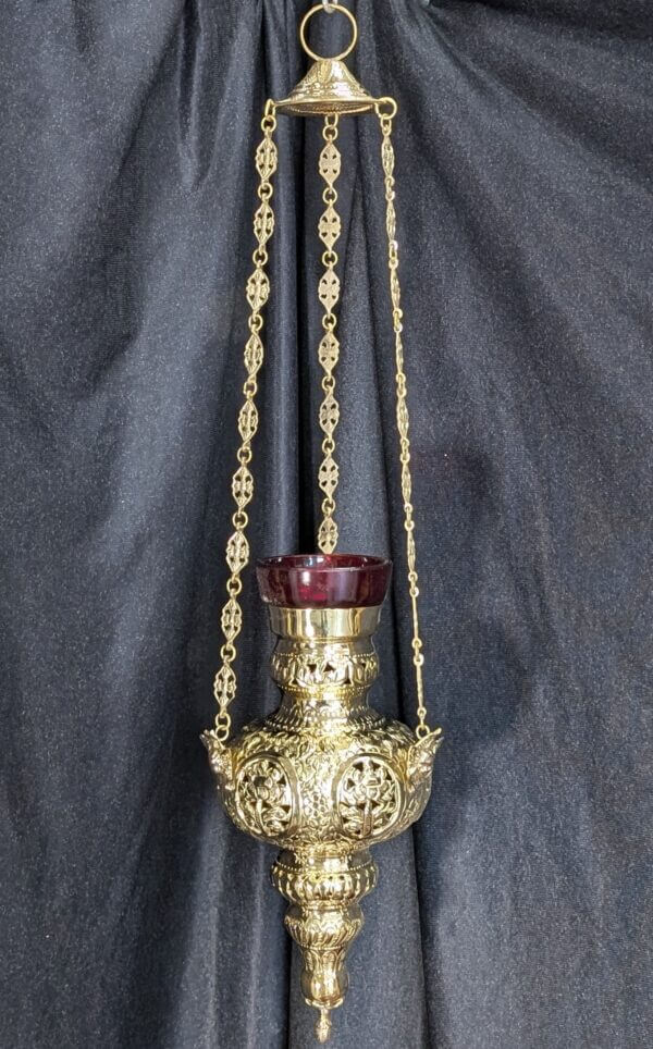 Hanging Orthodox Sanctuary Vigil Lamp with Ryasna Patterned Chains & Ruby Glass Holder