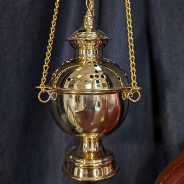 Golden Brass 'Ball' Thurible Censer Incense Burner with Perforated Cross Pattern