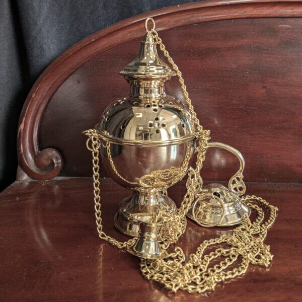 Golden Brass 'Ball' Thurible Censer Incense Burner with Perforated Cross Pattern