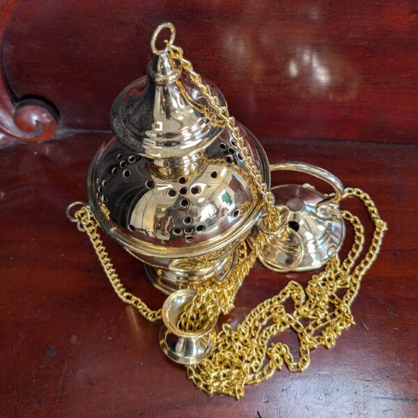 Golden Brass 'Ball' Thurible Censer Incense Burner with Perforated Cross Pattern