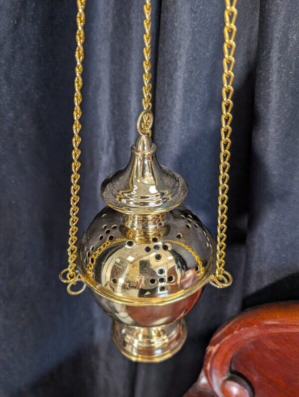 Golden Brass 'Ball' Thurible Censer Incense Burner with Perforated Cross Pattern