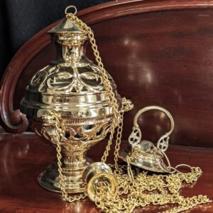 Grand Byzantine Angel Supported Brass Thurible Censer Incense Burner with Rococco Cutaways