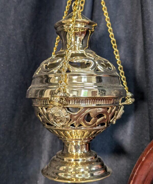 Grand Byzantine Angel Supported Brass Thurible Censer Incense Burner with Rococco Cutaways