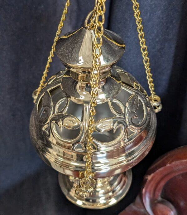 Grand Byzantine Angel Supported Brass Thurible Censer Incense Burner with Rococco Cutaways