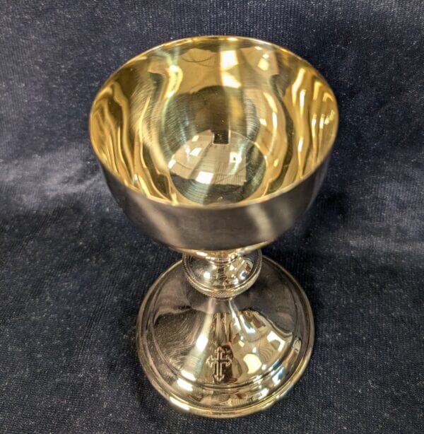 Medium Size Gilt Brass Classical Shaped Church Chalice with Embossed Cross