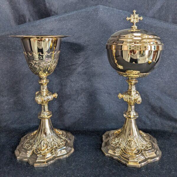 Matching Highly Decorative Gold Plated Church Chalice, Paten and Ciboruim