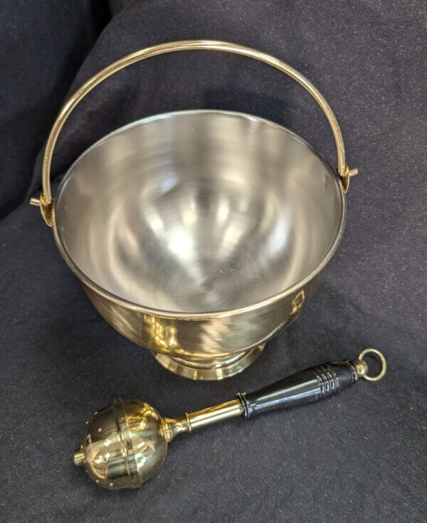 Large Holy Water Vat Pail Pot with Large Black Handled Holy Water Sprinkler Aspergillum