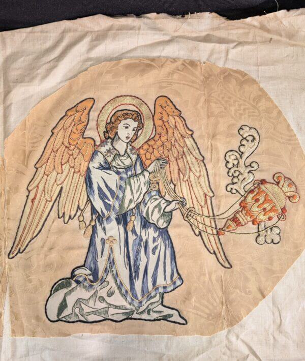 Victorian 1880's Embroidered Winged Angel with Incense Burner rescued from an Altar Frontal right hand side