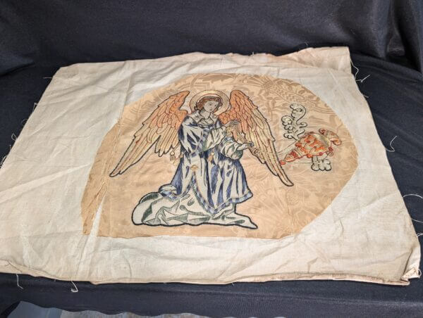 Victorian 1880's Embroidered Winged Angel with Incense Burner rescued from an Altar Frontal right hand side