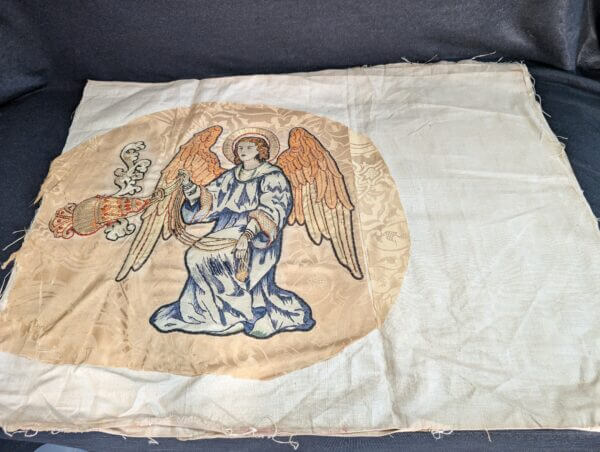 Victorian 1880's Embroidered Winged Angel with Incense Burner rescued from an Altar Frontal left hand side