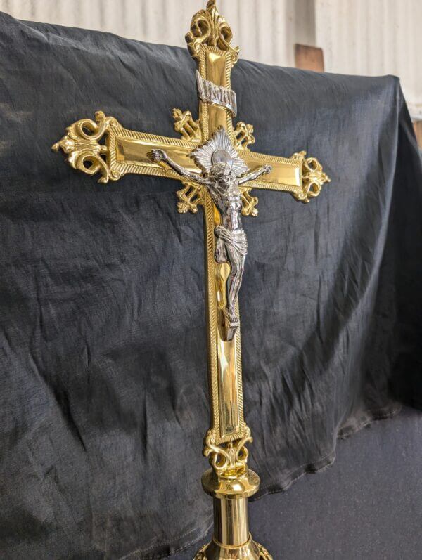 Heavy Solid Brass Ornate Processional Cross with Stand