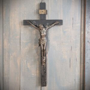 Large Antique French Heavy Spelter and Wood Crucifix