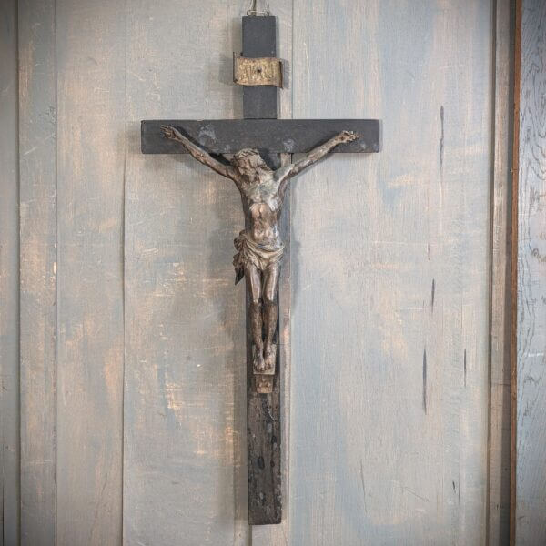 Large Antique French Heavy Spelter and Wood Crucifix