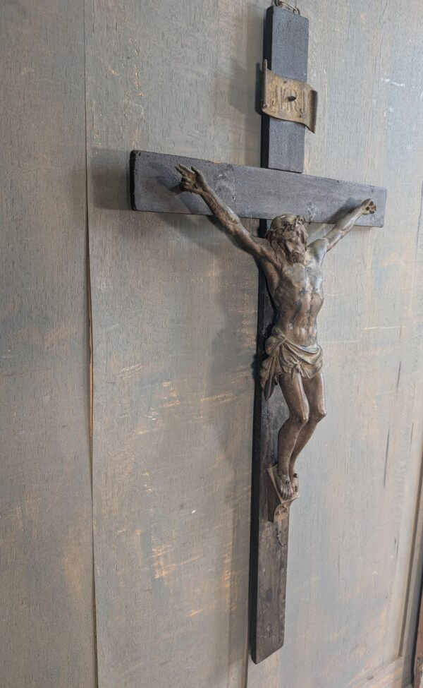 Large Antique French Heavy Spelter and Wood Crucifix