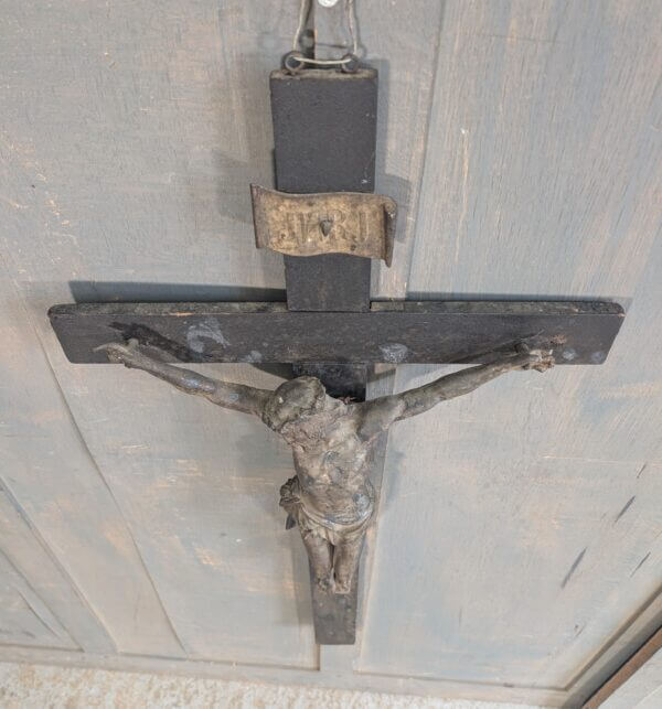 Large Antique French Heavy Spelter and Wood Crucifix