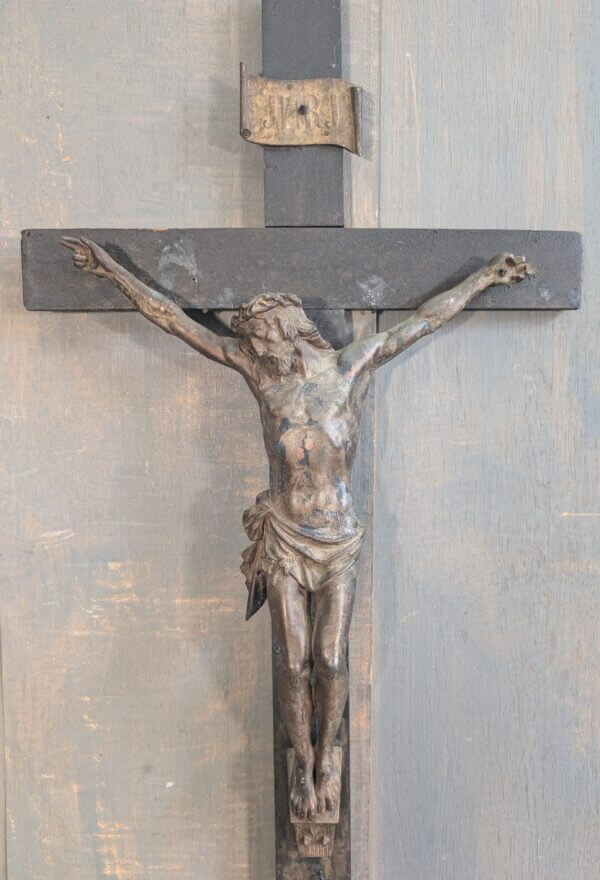 Large Antique French Heavy Spelter and Wood Crucifix