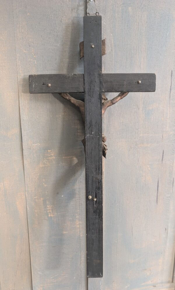 Large Antique French Heavy Spelter and Wood Crucifix