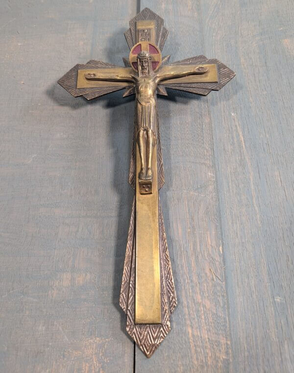 Art Deco French Modernist 1930's Brass 'Love be Jesus Christ' Crucifix