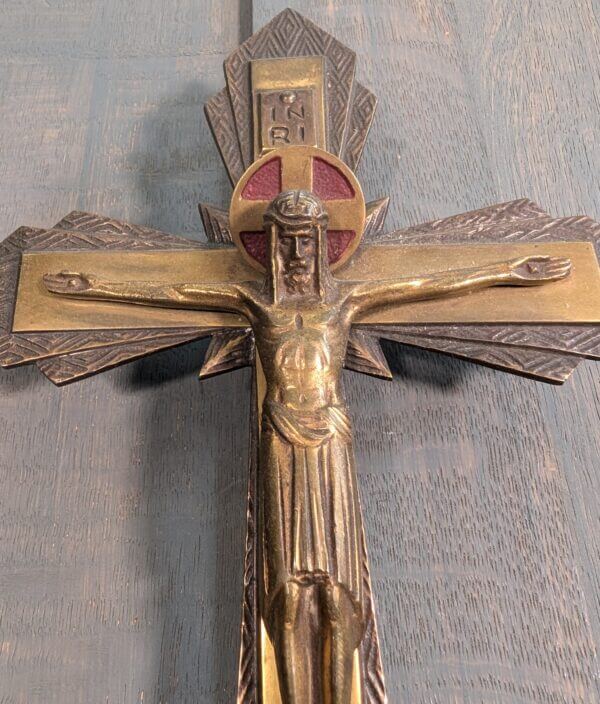 Art Deco French Modernist 1930's Brass 'Love be Jesus Christ' Crucifix