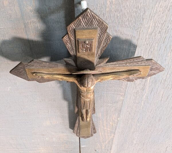 Art Deco French Modernist 1930's Brass 'Love be Jesus Christ' Crucifix