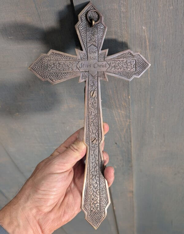 Art Deco French Modernist 1930's Brass 'Love be Jesus Christ' Crucifix