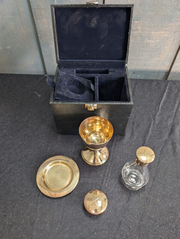Boxed Unused Modern Travelling Gilt Brass Communion Set