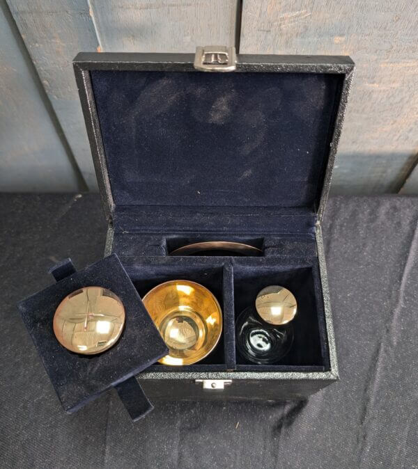 Boxed Unused Modern Travelling Gilt Brass Communion Set