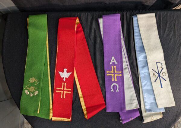 Four Contemporary Stoles in Red, White, Purple and Green