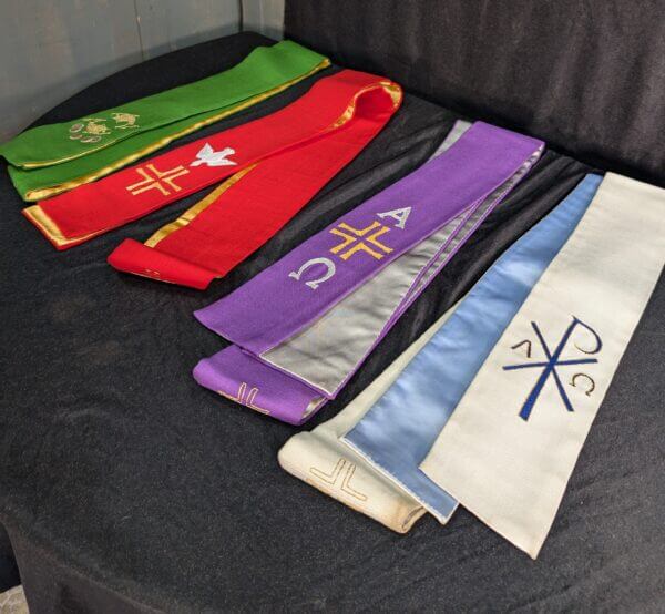 Four Contemporary Stoles in Red, White, Purple and Green