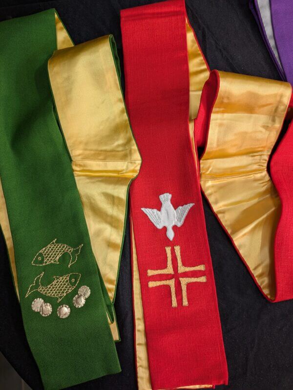 Four Contemporary Stoles in Red, White, Purple and Green