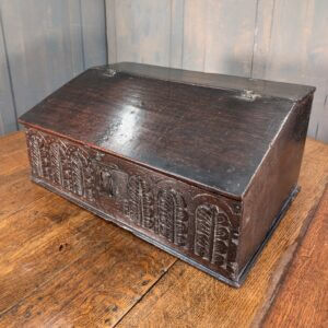 Early 17th Century Original Oak English Bible Box with Carved Front
