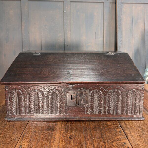 Early 17th Century Original Oak English Bible Box with Carved Front