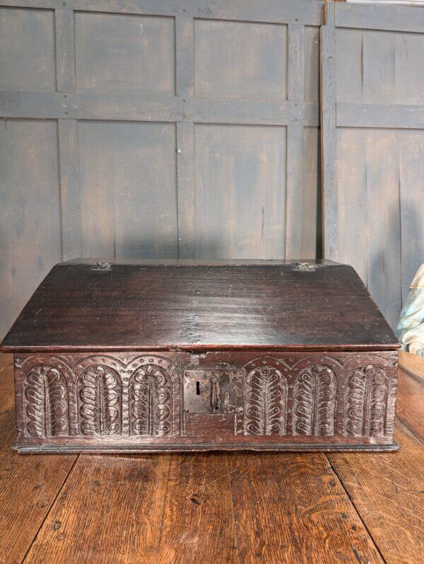 Early 17th Century Original Oak English Bible Box with Carved Front